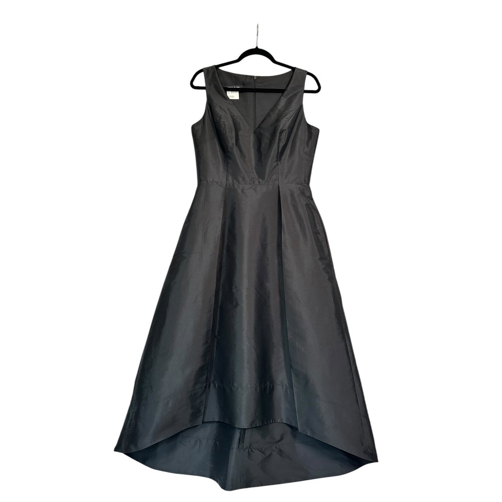 Alfred Sung Midi Dress High Low V-Neck Pleated Pocket Black‎ 12 Dupioni Satin - Picture 2 of 11